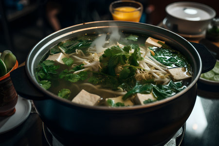 Vietnamese noodle soup with tofu and vegetables in a potの素材