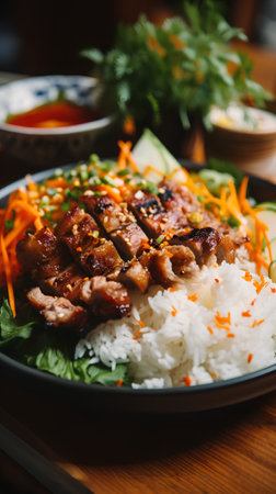 Rice with pork and vegetables in a bowl on a wooden tableの素材