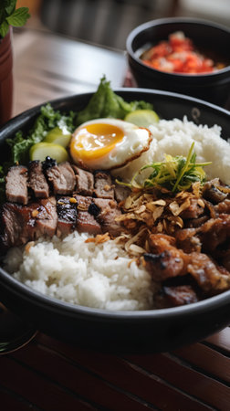 Rice with pork and fried egg in black bowl on wooden tableの素材