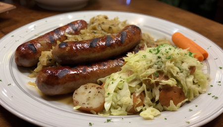 Grilled sausages with cabbage and potatoes on a wooden tableの素材