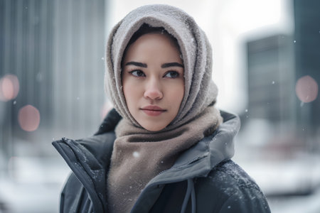 Portrait of a beautiful young woman in winter coat with hood.の素材