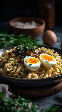 Fusilli pasta with mushrooms and eggs on a dark background.の素材
