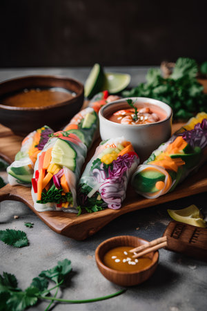 Fresh spring rolls with vegetables and sesame seeds on rustic backgroundの素材