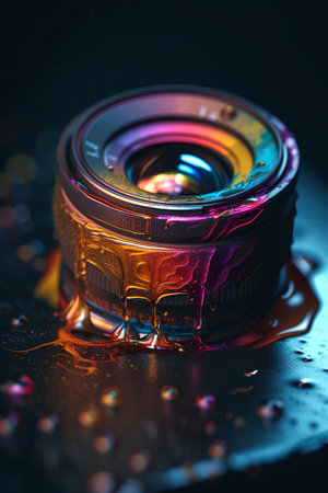 Macro photo of a camera lens with water droplets and reflectionの素材