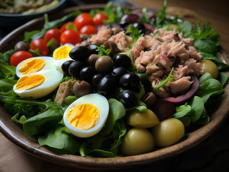 Salad with tuna, olives, capers and tomatoes in wooden bowlの素材