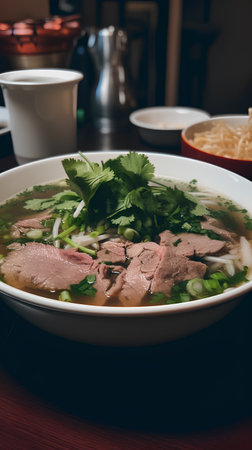 Vietnamese style beef noodle soup in a bowl on tableの素材