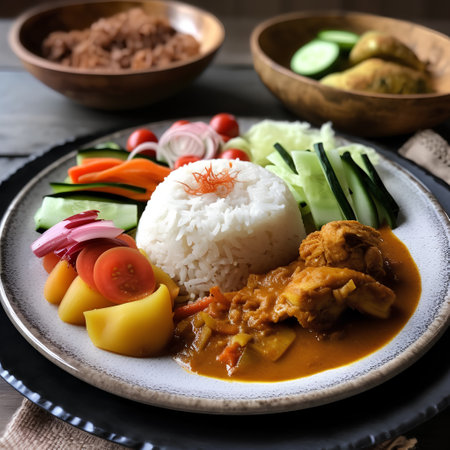 Pork curry with rice and vegetables, thai food style.の素材