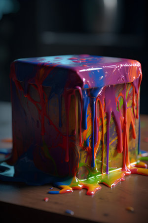 Colorful birthday cake with glaze and drips of paint.の素材
