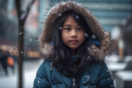 Portrait of a cute asian girl in the city with snowの素材