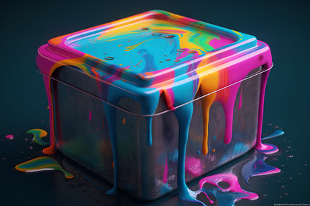 3d render of cube with colorful liquid paint on black background.の素材