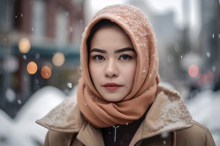 Portrait of a beautiful asian muslim woman in hijab on the streetの素材