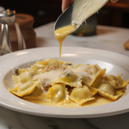 Ravioli with cheese and parmesan on a plateの素材