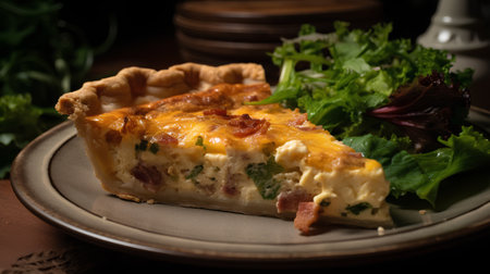 Quiche Lorraine with bacon, cheese and herbs on dark backgroundの素材