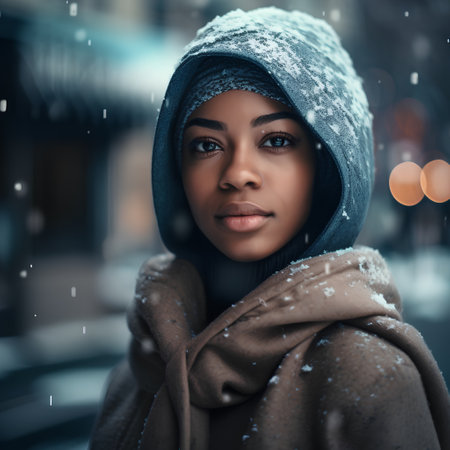 Beautiful african american woman in winter coat looking at cameraの素材