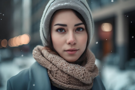 Portrait of young beautiful woman in winter city at snowfall.の素材
