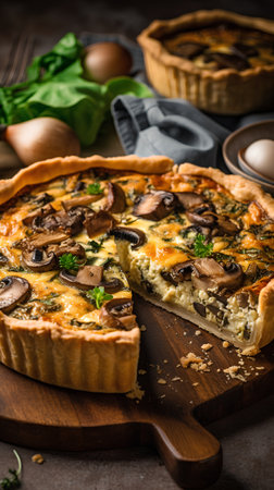 Vegetarian quiche pie with champignons, cheese and spinachの素材