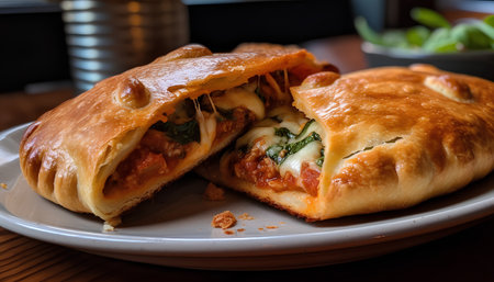 Puff pastry with mozzarella cheese and spinach on a plateの素材