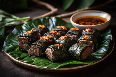 Stuffed Grape Leaves with Garlic Sauce, Thai Dessert.の素材