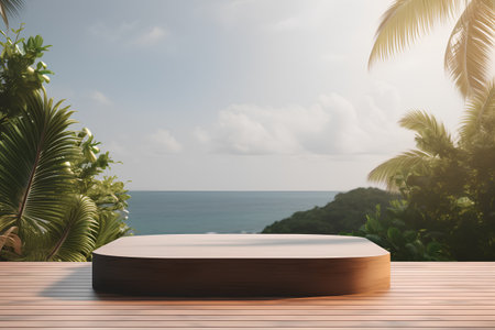 Wooden podium on wooden platform on tropical beach background. 3D Renderingの素材