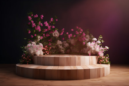 Wooden podium with pink flowers on dark background. 3d renderの素材