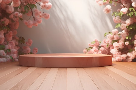Wooden podium on wooden floor with cherry blossom background. 3d renderの素材