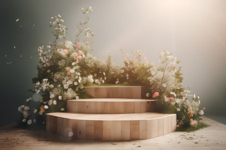 Wooden podium for product presentation with flowers. 3D rendering.の素材
