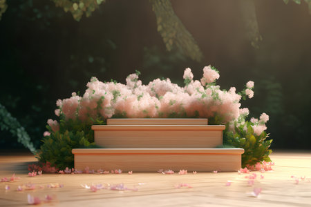 3d render of wooden podium with beautiful flowers in the garden.の素材