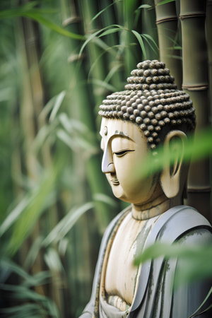 Buddha statue in the garden, closeup of photo.の素材