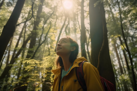 Young woman with backpack standing in forest and looking up at the sunの素材