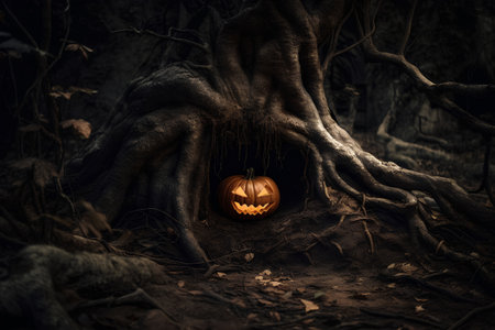 Halloween pumpkin hidden in tree roots, 3d render illustration.の素材
