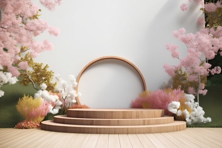 Wooden podium on the background of cherry blossoms. 3d renderingの素材