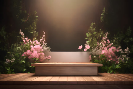 3d render of a wooden platform with flowers on a dark backgroundの素材