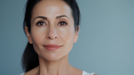 portrait of beautiful middle aged woman looking at camera isolated on greyの素材