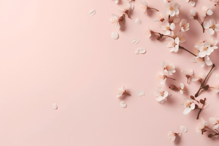 Flowers composition. Cherry blossoms on pastel pink background. Flat lay, top view, copy spaceの素材