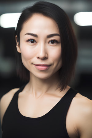 Portrait of a beautiful young asian woman smiling at the camera in the gymの素材