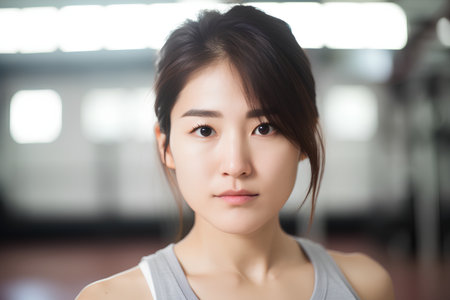 Portrait of a beautiful young asian woman in fitness studio.の素材