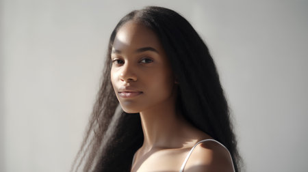 Portrait of young beautiful african american woman with long hairの素材