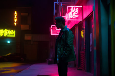 Handsome young man in the street at night with neon lightsの素材