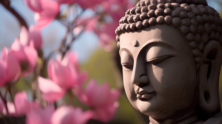 Buddha statue in the garden with pink magnolia flowers.の素材