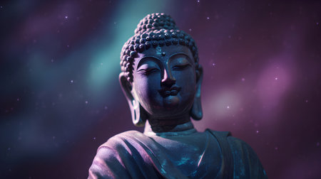 Buddha statue against the starry sky with copy space.の素材