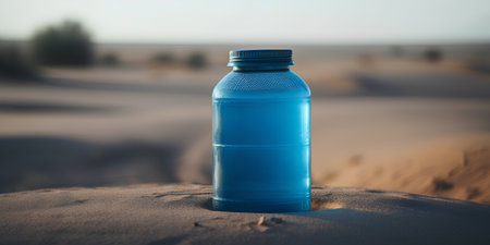 Bottle of water on the sand in the desert. Selective focus.の素材