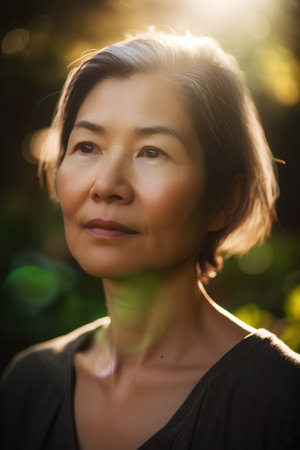 Portrait of a beautiful middle-aged Asian woman in the gardenの素材