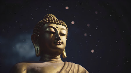 Buddha statue with starry sky background. Copy space.の素材