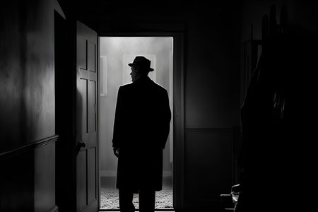 Silhouette of a man in a hat in a dark roomの素材