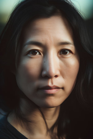 Portrait of a beautiful asian woman with black hair and brown eyesの素材