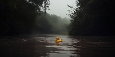 Yellow rubber duck floating on a lake in the misty forest.の素材