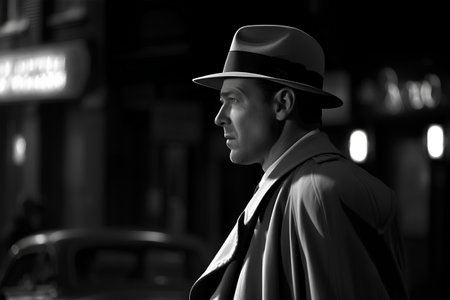 Retro portrait of a man in a hat and coat on the streetの素材