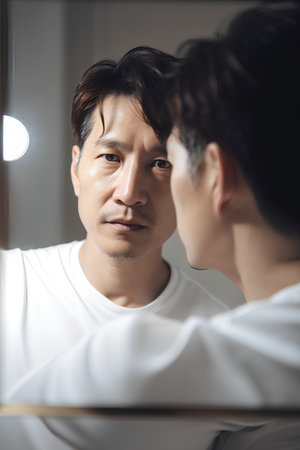 Asian man looking at himself in the mirror. Portrait of Asian man looking at himself in the mirror.の素材