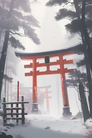 Japanese gate in the winter forest with fog and snow in the backgroundの素材