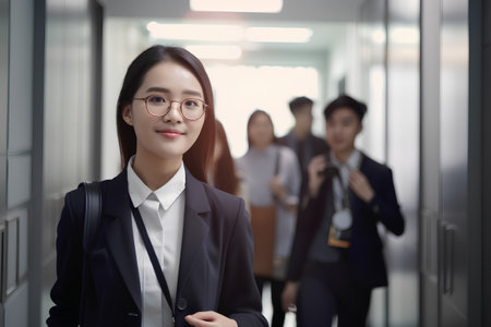 business woman in the corridor of a modern office with her team in the backgroundの素材